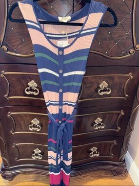 MELLODAY Navy, Pink & Green Striped Ribbed Button-Front Dress